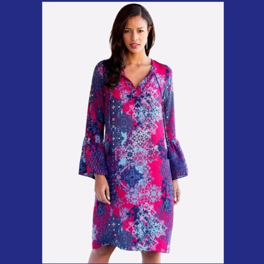 Roaman's Multi Print Flare Bell Sleeve Dress